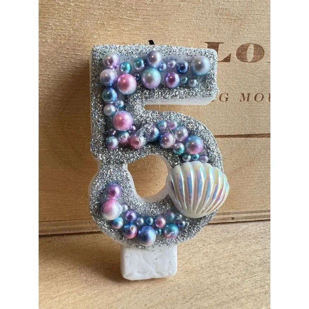 Los Angeles Boutique Luxury Birthday Cake Topper Candle 5 Mermaid Glitter USED